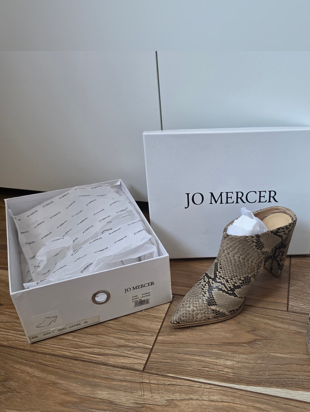 JO MERCER Leather Mule Heels, Snake Animal Print LEAH Shoes Tan Brown - Picture 3 of 11